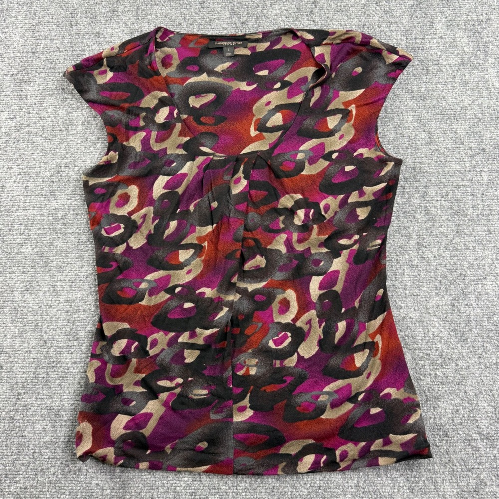 Classiques Entier Top Large Burgundy Abstract Silk Blend Cap Sleeve Blouse Women